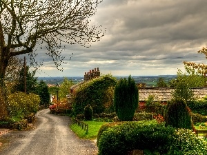 country, Houses, Way, England, clouds