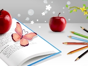 crayons, Book, apples, butterflies