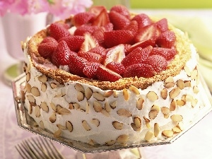 cream, whipped, Cake, almonds, strawberry