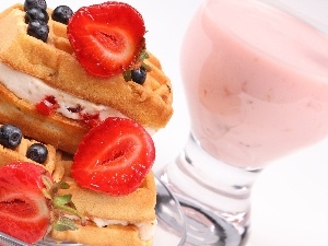 cream, whipped, waffles, cocktail, Fruits