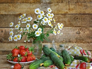 strawberries, cucumbers, chamomile