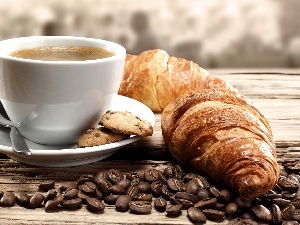 Cup, croissant, coffee, grains