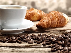 Cup, croissants, coffee, grains