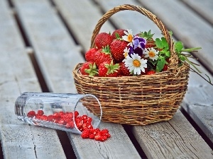 cup, Strawberries, basket, Flowers, strawberries