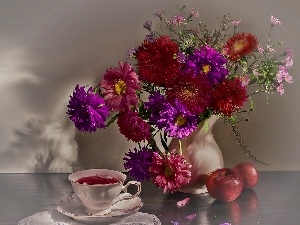 cup, apples, bouquet, tea, Astr?w