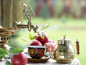 cups, apples, samovar, tea