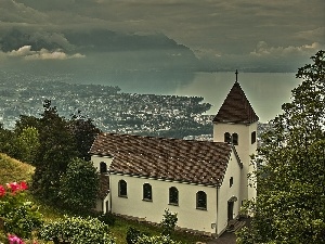 dark, panorama, Town, Church, Sky, slope