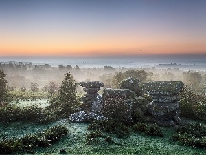 rocks, dawn, Fog