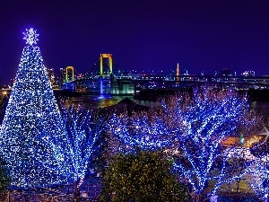 decor, christmas tree, bridge, Tokio, River