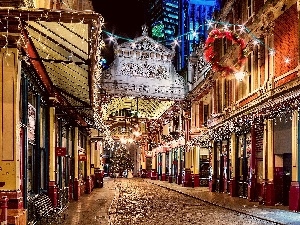 England, decor, festive, Street, London, Houses, christmas tree