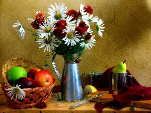 Fruits, dishes, tin, White, basket, claret, daisy