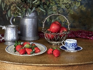 dishes, apples, still life, strawberries