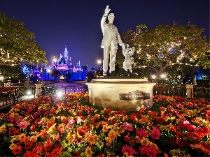 City at Night, gerberas, California, North America, statues, Disneyland