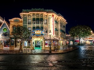 USA, Disneyland, Street, Town, California, Night, buildings