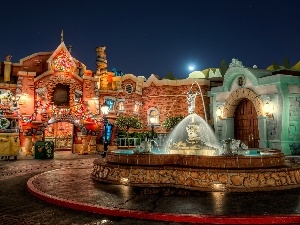 USA, Disneyland, buildings, Town, California, Night, fountain