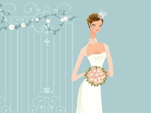 Dress, White, lady, bouquet, young