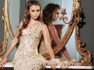 dress, Golden automobile, Lily Collins, Mirror