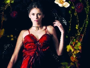 Leaf, dress, water, Nina Dobrev, Flowers, red hot