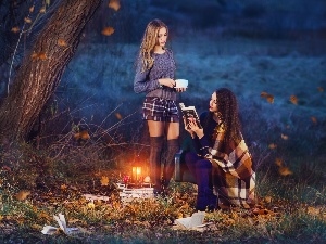 lantern, forest, Dusk, Leaf, Girls, mountains, autumn, car in the meadow