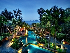 Dusk, Pool, The hotel, complex