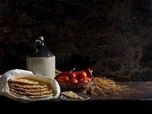 Ears, Passover bread, tomatoes, Bottle