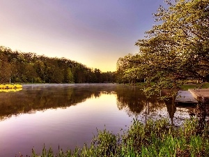 east, Platform, Bench, Park, sun, lake