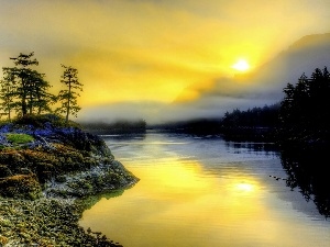 east, woods, Fog, River, sun, Mountains