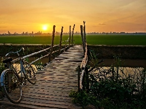 east, Bike, medows, brook, sun, footbridge