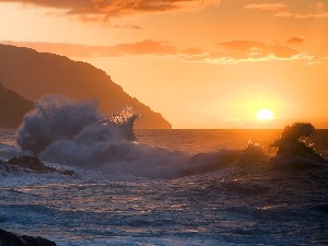 east, Mountains, Storm, Coast, sun, rocks