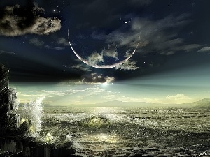 eclipse, Night, sea, Moon, Waves