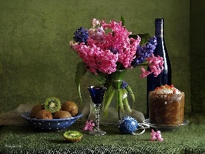Easter egg, kiwi, Wine, bouquet, cake, hyacinths, Red