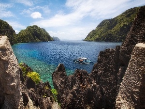 Philippines, El Nido, rocks, Boat, Palawan, sea, Mountains