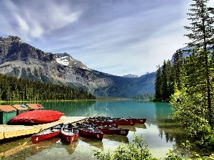 esmerald, lake, Mountains, Kayaks, Canada, Platform