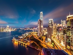 evening, clouds, Hong Kong, skyscrapers