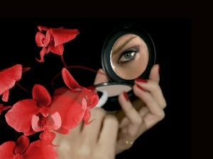 eye, powder-box, orchids, hands