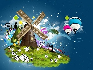 fantasy, Sky, Windmill, Balloons