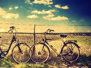 fencing, net, Two cars, Bikes