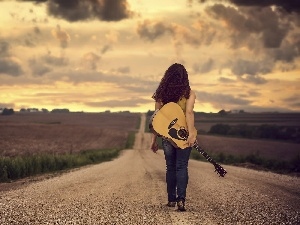 field, Way, girl, clouds, Guitar