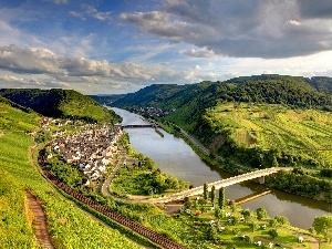 field, Bridges, River, clouds, Houses