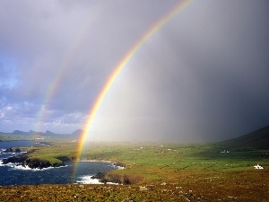 field, Farms, lake, rainbows