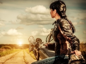 field, Way, Women, motor-bike