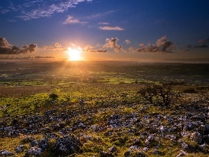 medows, clouds, rays, horizon, sun, Stones, Farms, Ireland, field