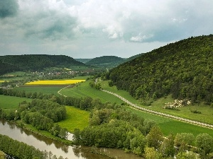 field, woods, River, Way, Mountains