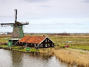 field, Farms, Windmill, Way, lake