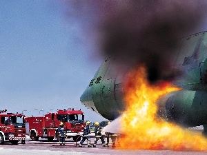 Fire, cars, burning, extinction, plane