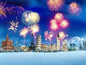 fireworks, Mountains, winter, structures