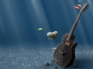 fishes, water, Guitar, under
