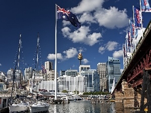 flag, skyscraper, bridge, Harbour, Australia, Yachts