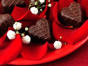 flakes, heart, chocolate, rouge, pralines