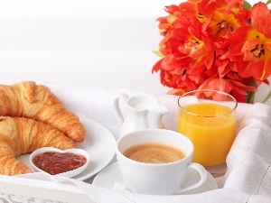 Flowers, coffee, juice, fresh, breakfast, croissants